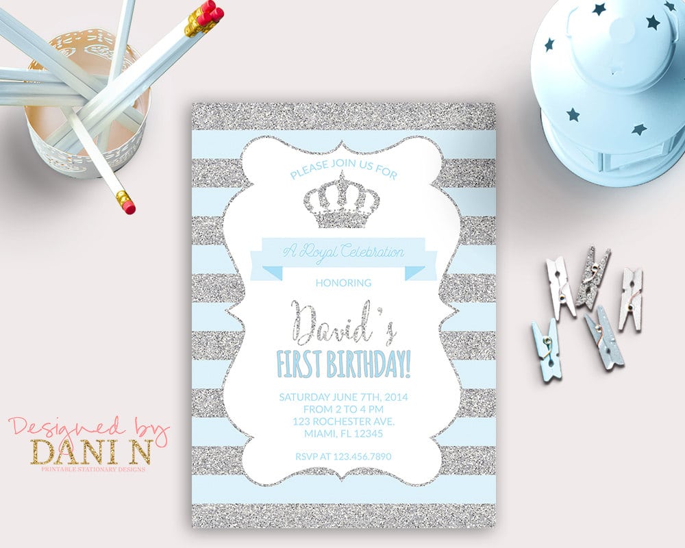 Little Prince Birthday Invitation Silver Glitter Party Crown