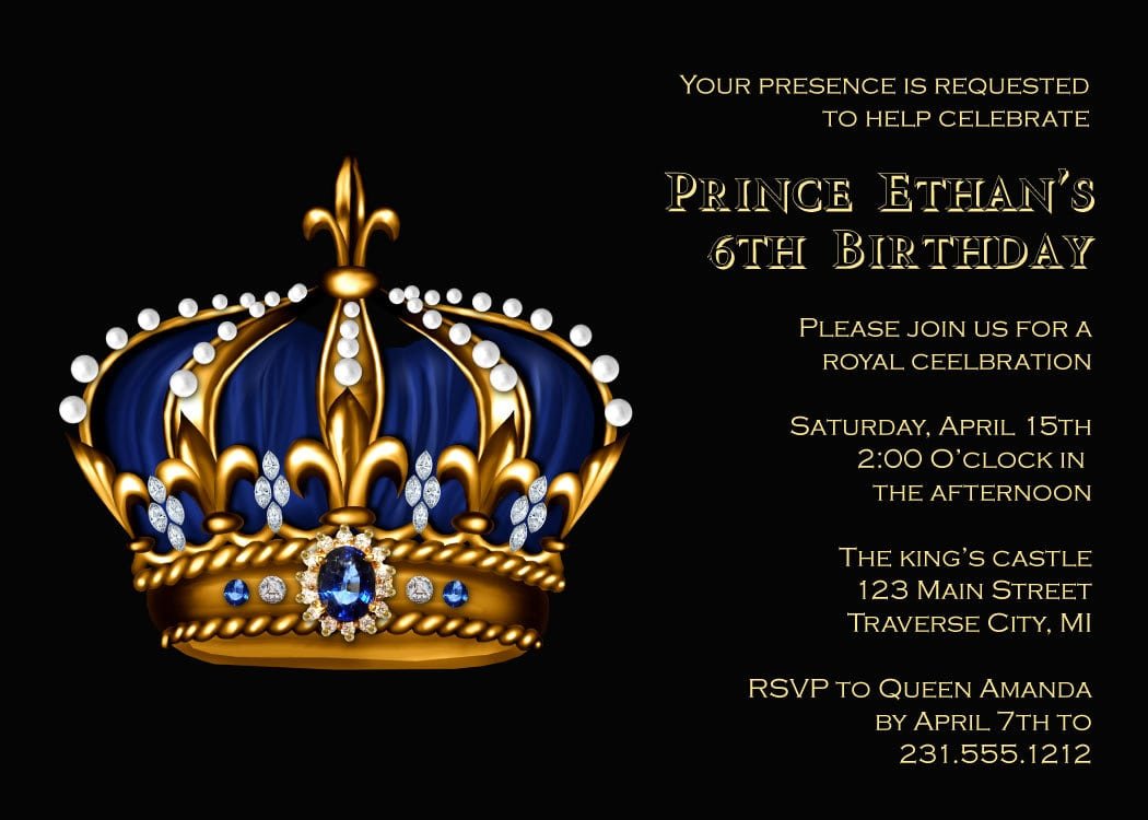 Prince Birthday Invitation Gold Crown For Royal King Kids