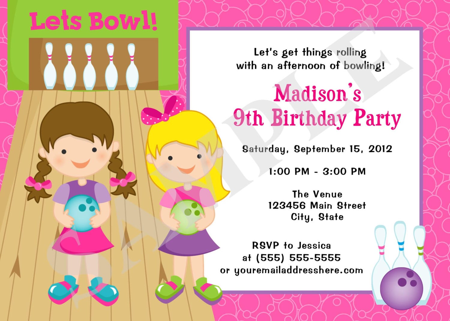 Print Yourself Girls Bowling Birthday Party Invitation Digital