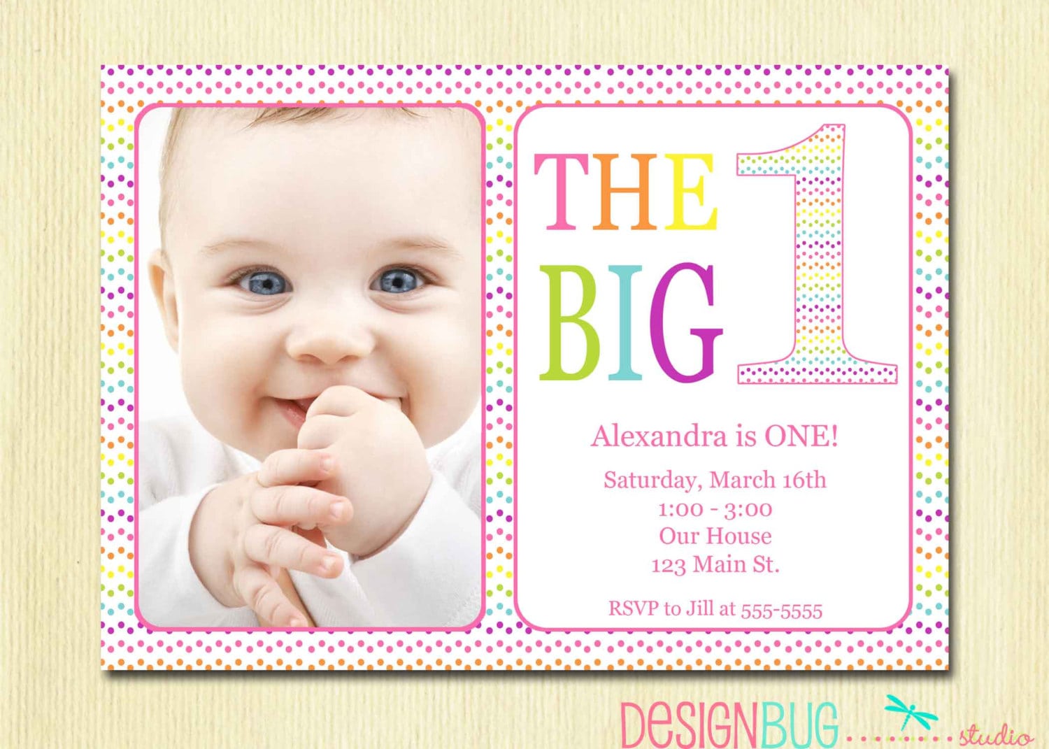 Rainbow First Birthday Invitation Baby Girl