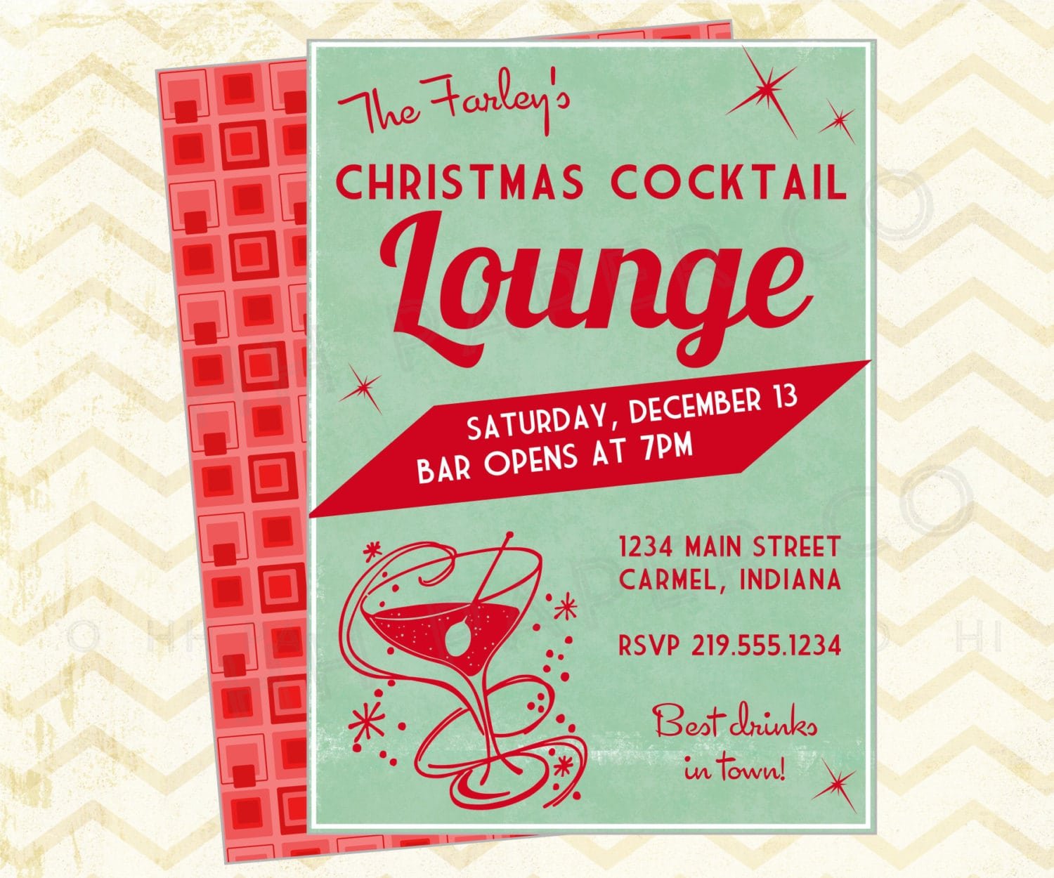 Retro Christmas Cocktail Party Printable Invite Lounge