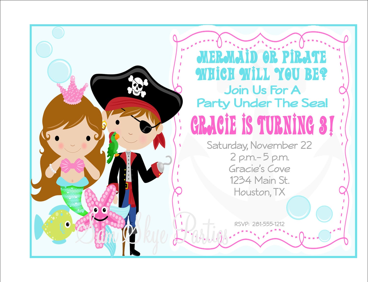 Under The Sea, Pirate And Mermaid Invitation, Birthday Parties