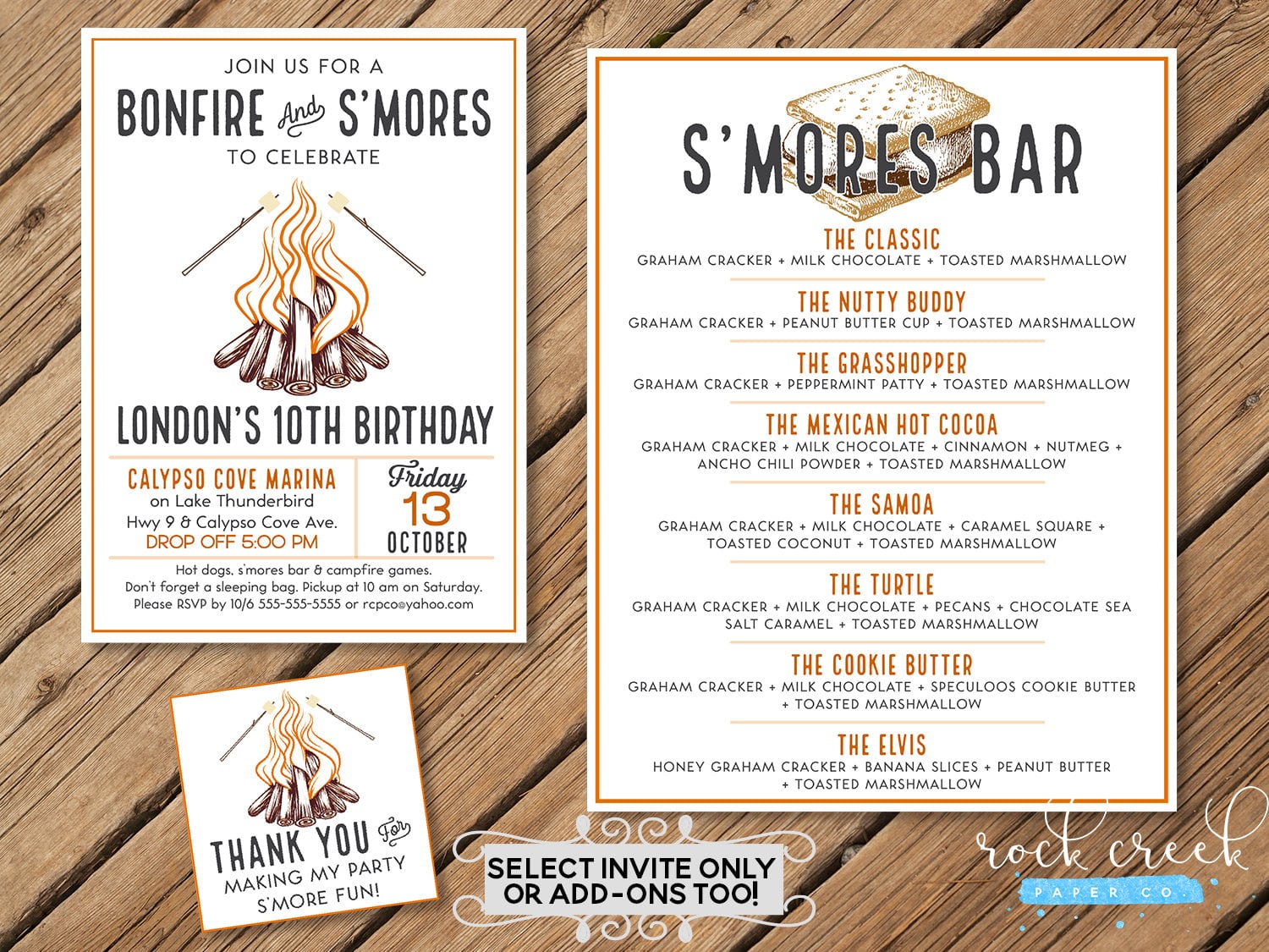 Bonfire Birthday Invitation, Bonfire & S'mores Party, Bonfire Tags