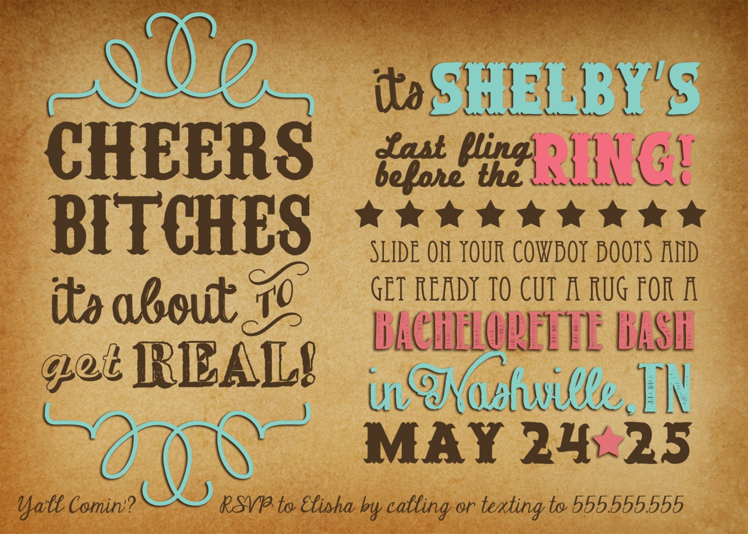 Cheers Bitches Western Bachelorette Party Invitation Digital