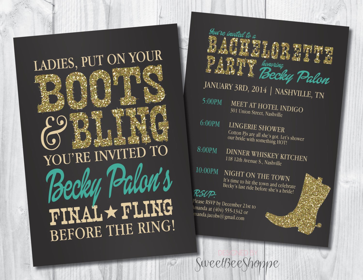 Country Western Bachelorette Party Invitation, Boots & Bling