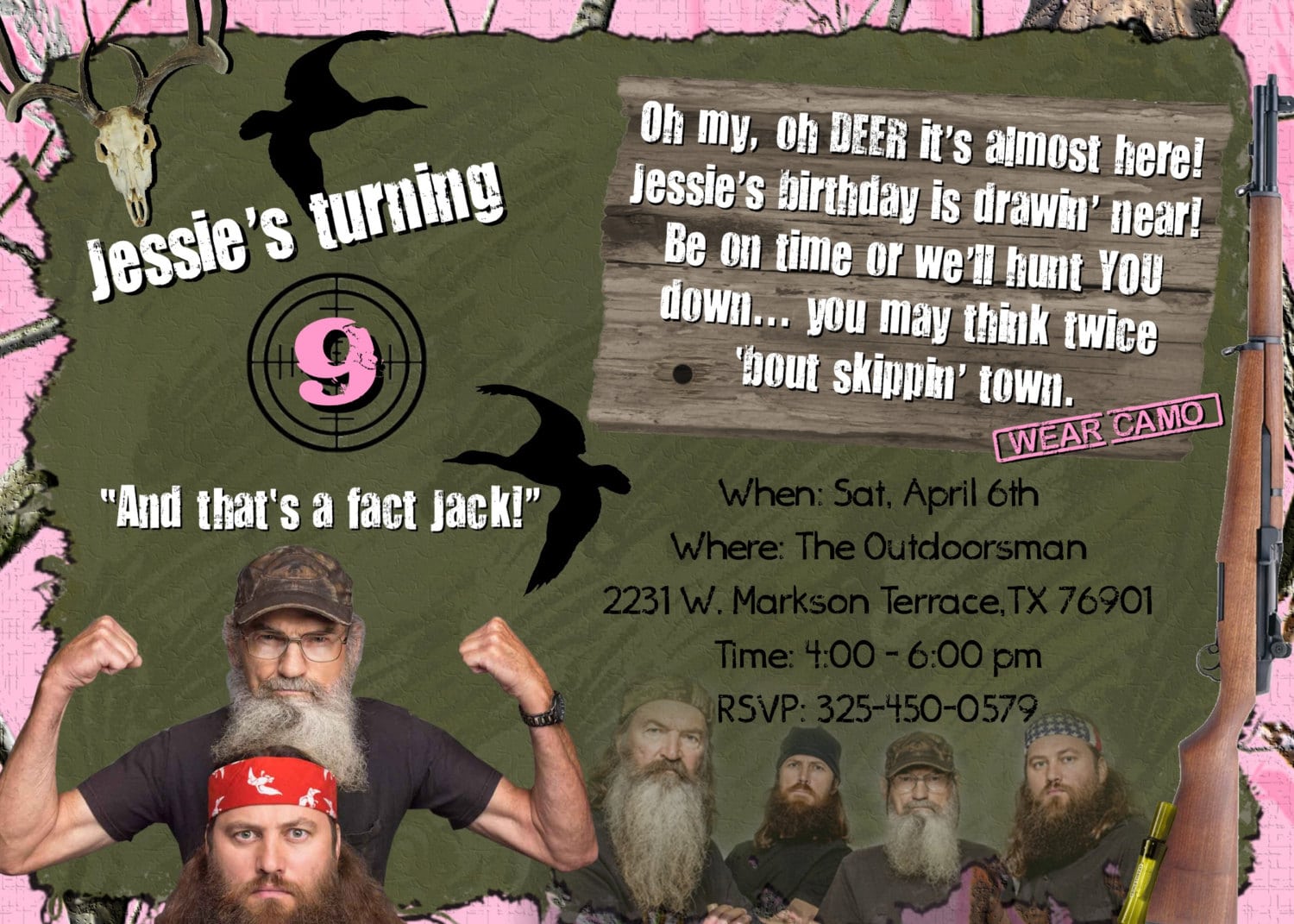 Duck Dynasty Invitation Hunting Girls Birthday Party Girl Theme
