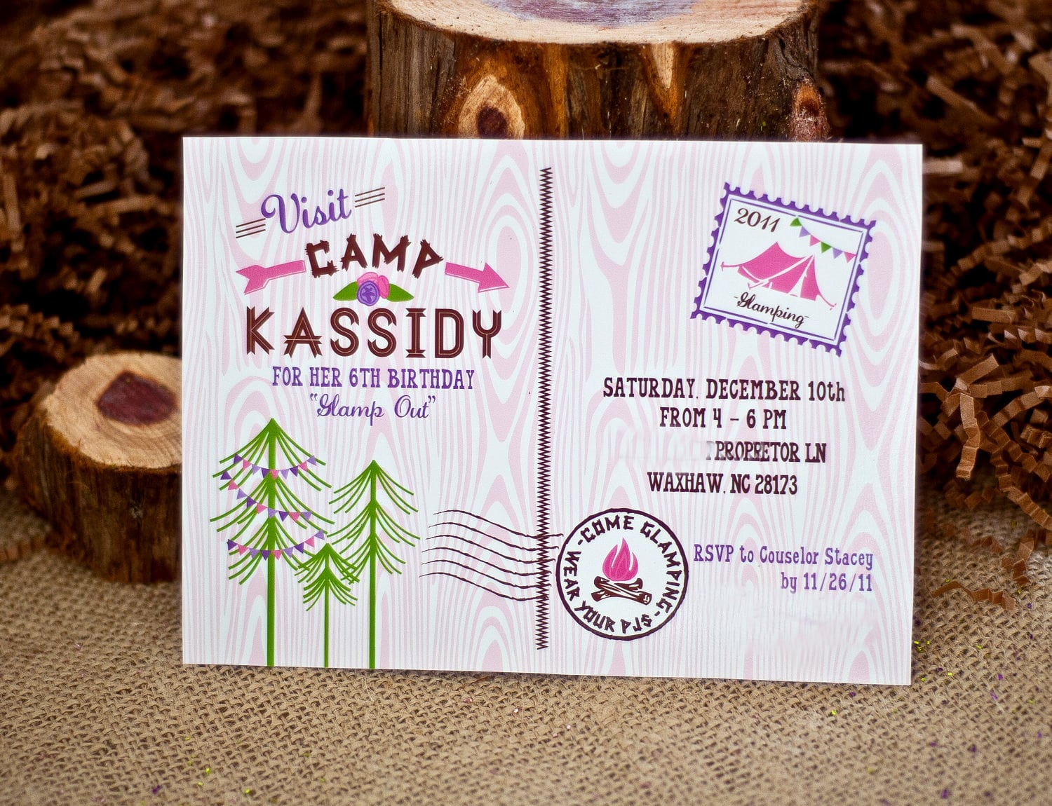 Girl Glam Camping Birthday Party Invitation Bi