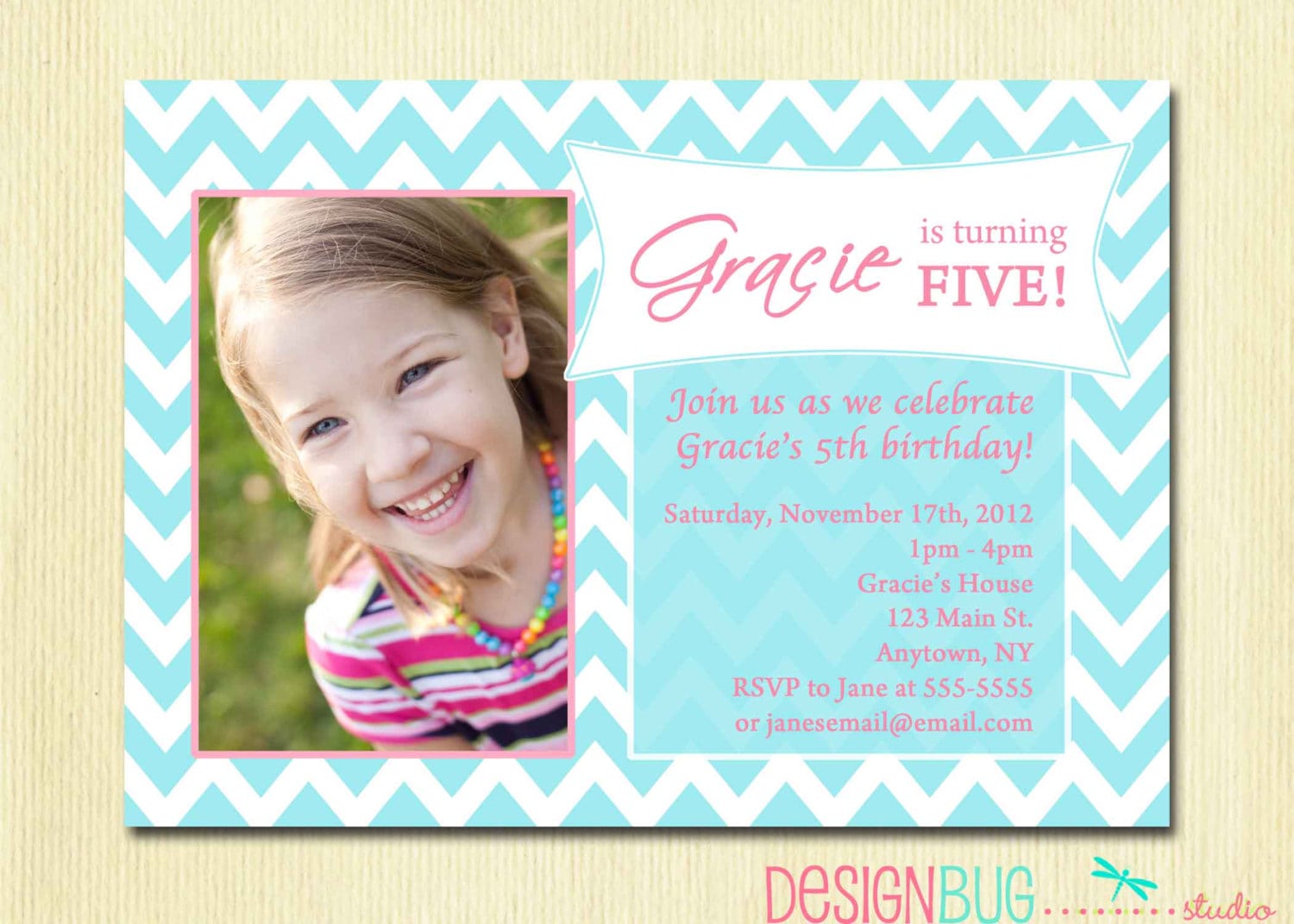 Girls Birthday Party Photo Invitation Printable Chevron