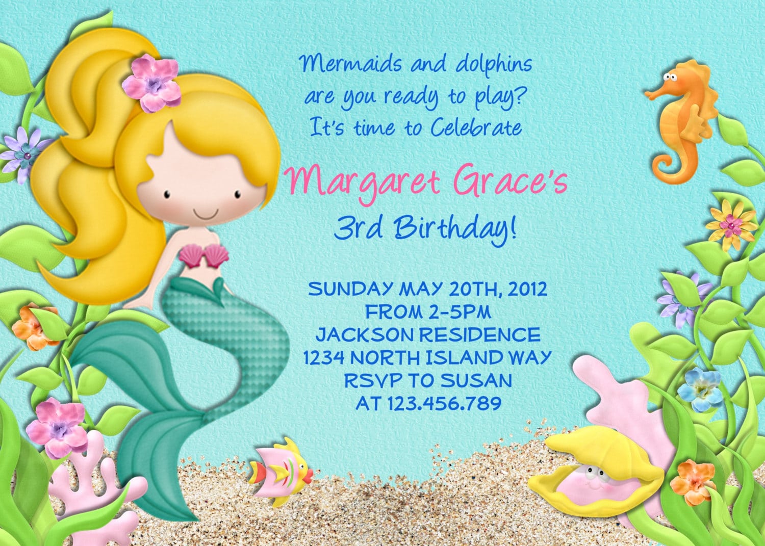 Mermaid Birthday Party Invitation Under The Sea Birthday