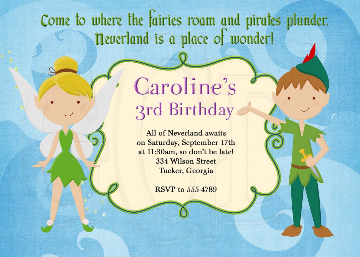 Peter Pan And Tinkerbell Inspired Birthday Invitation