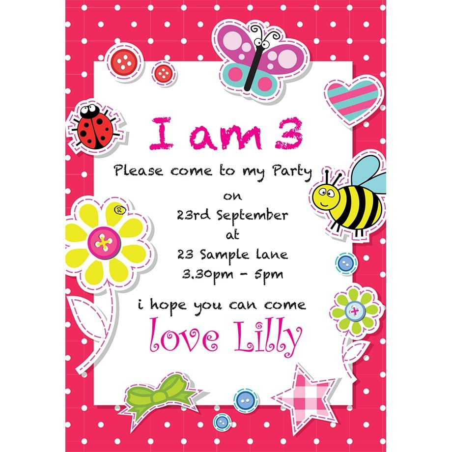 Pink Girly Buzz Bee And Butterfly Birthday Party Invites