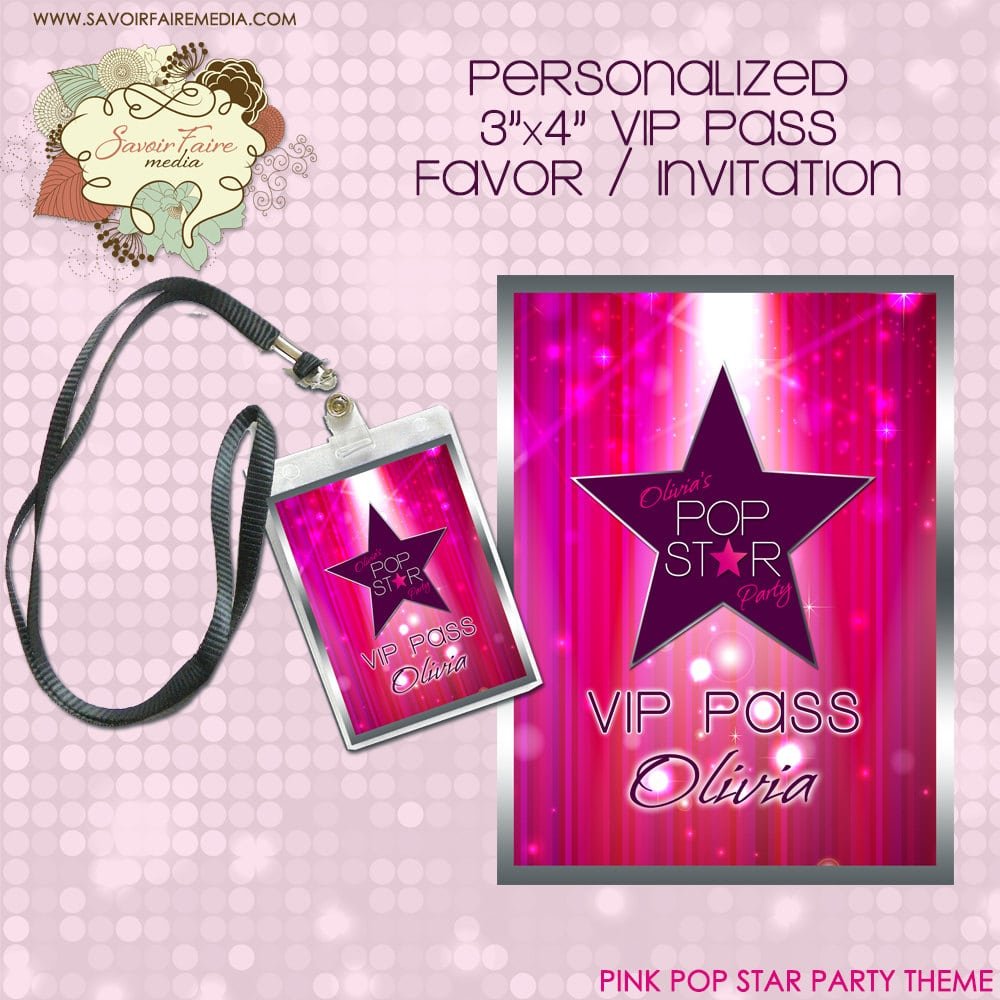 Pink Pop Star   Rock Star Party Printable Vip Pass   Lanyard