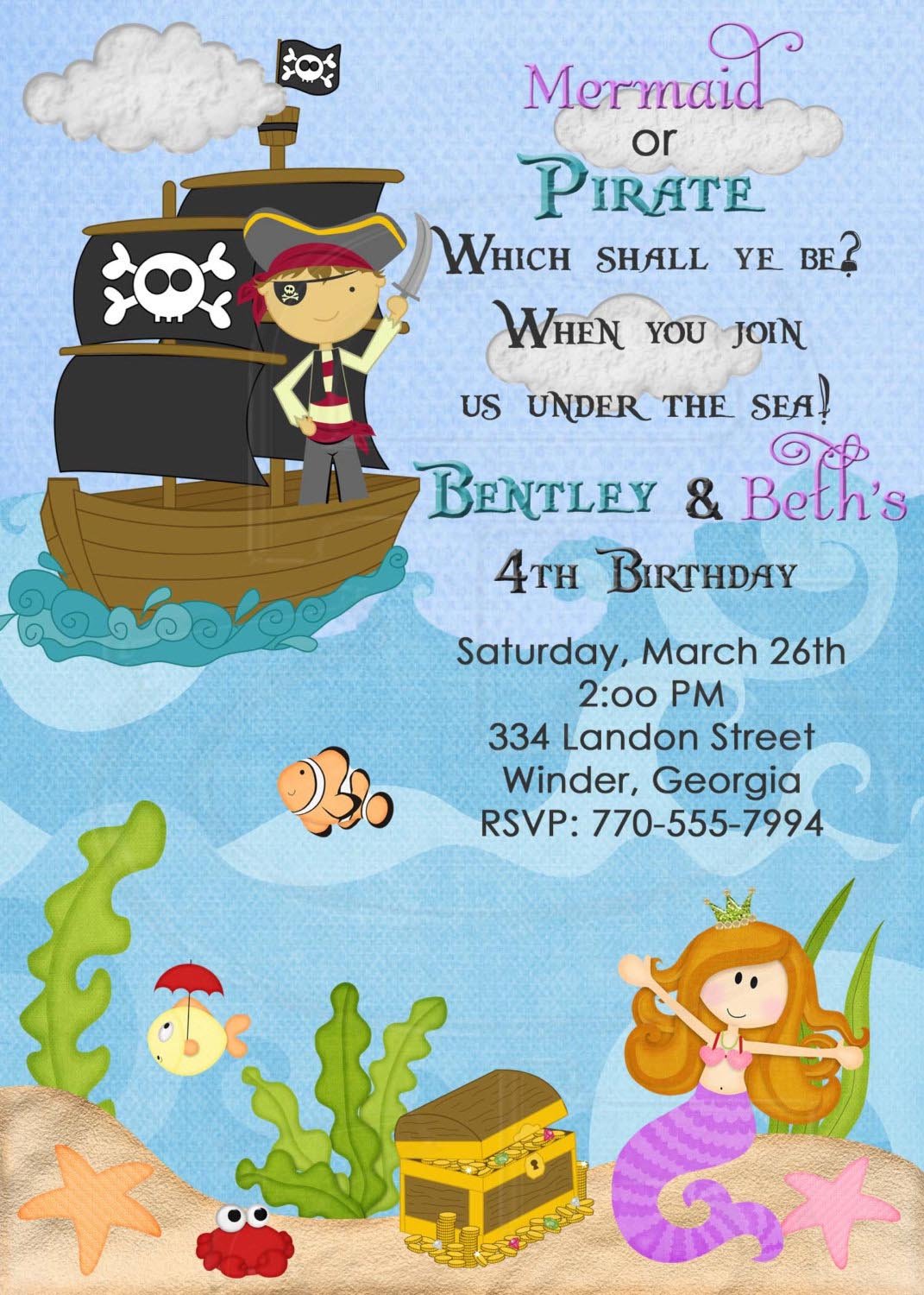 Pirate And Mermaid Party Invitations
