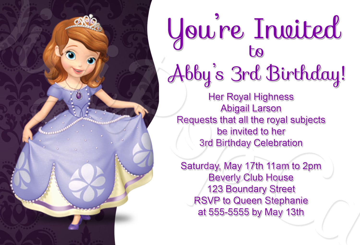 Sofia The First Birthday Party Invitation Traditional Style