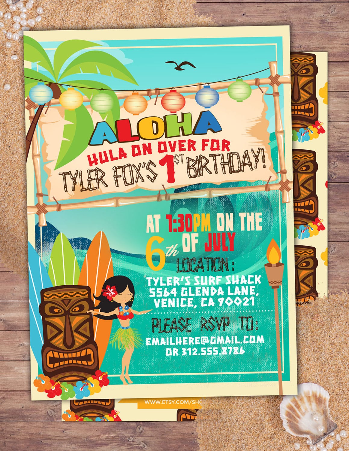 Tiki Party, Hawaii Invitation, Pool Party Invitation, Surfer