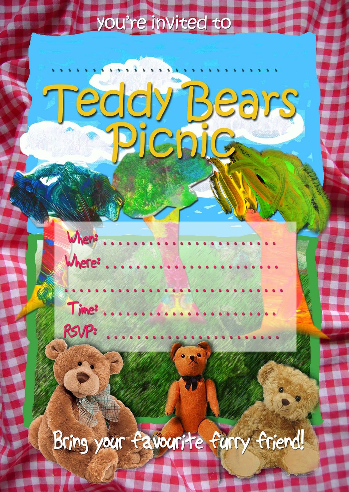 Free Kids Party Invitations  Teddy Bears Picnic Invitation