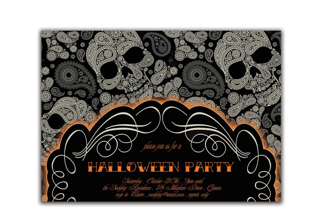 Halloween Party Invitation Gothic Skulls Tattoo Sugar Skulls