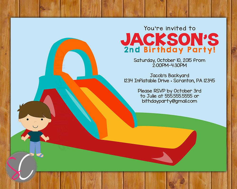 Inflatable Slide Birthday Party Invitation Boys Bounce Party