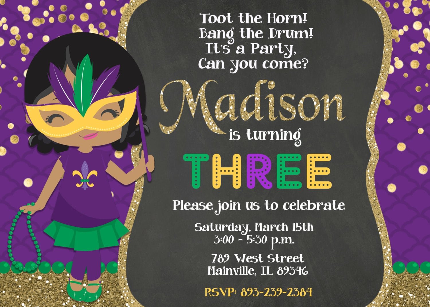 Mardi Gras Birthday Party Invitation Mardi Gras Party Theme