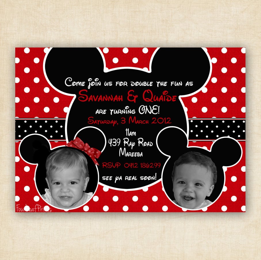 Mickey And Minnie Mouse Twin Birthday Party Invitation