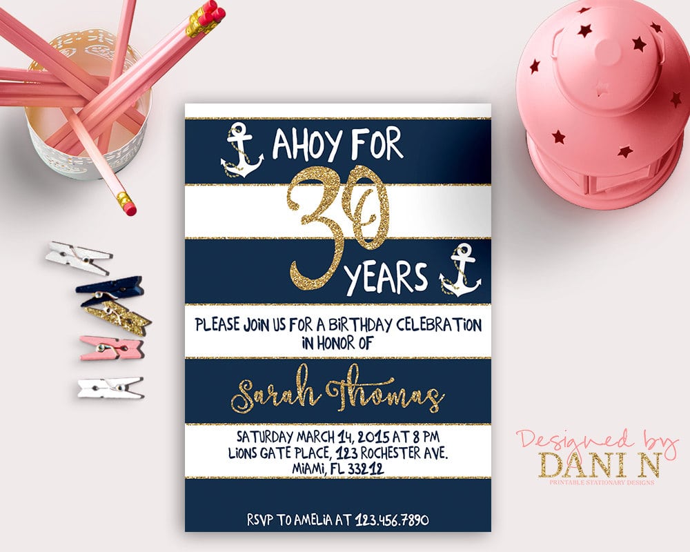 Nautical Birthday Invitation 30th Gold Glitter Invite Any