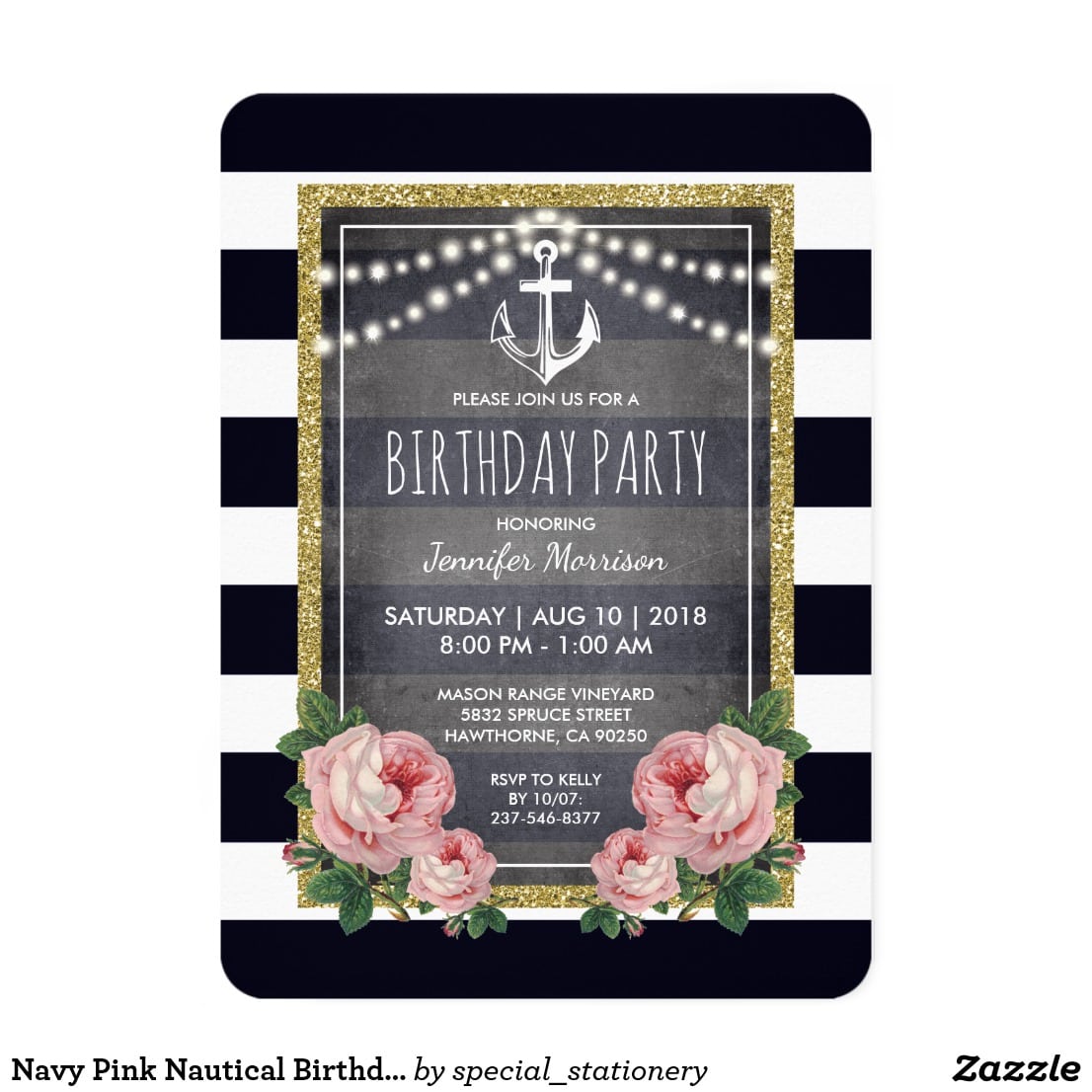 Navy Pink Nautical Birthday Party Card Pretty Nautical Themed