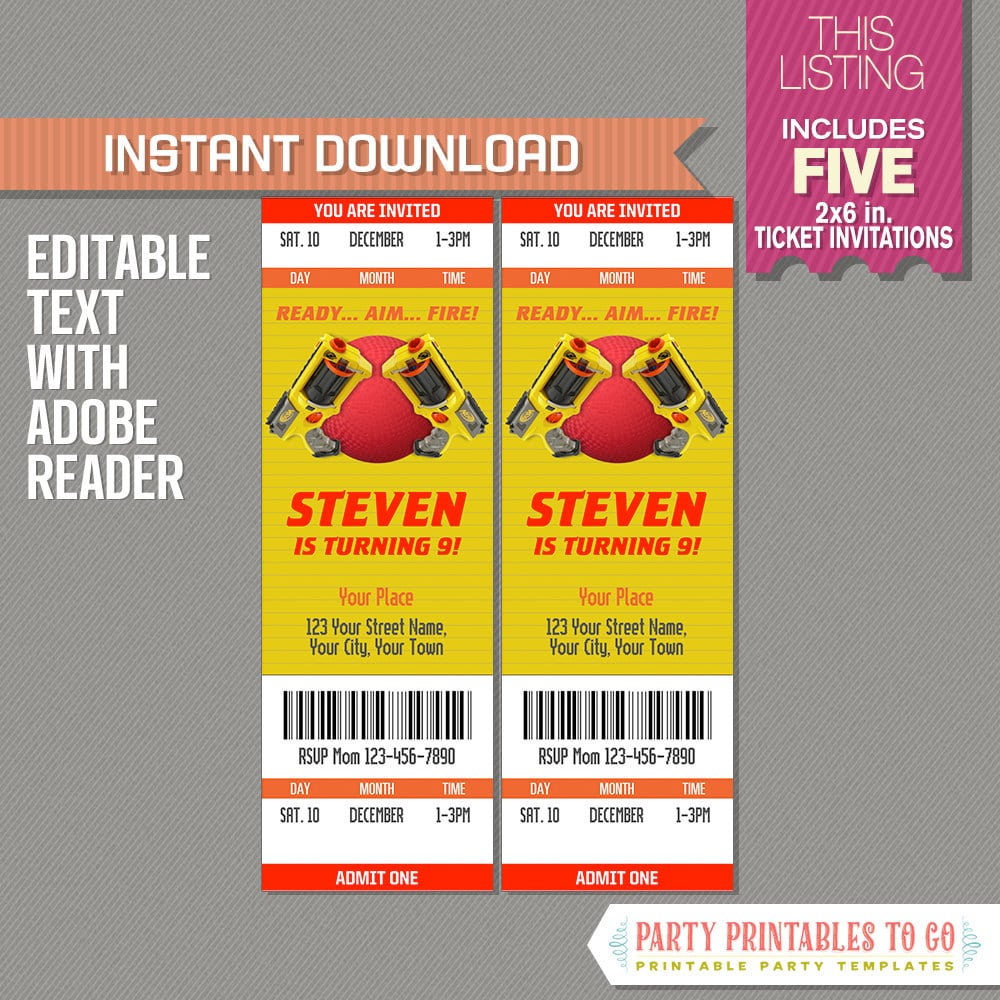 Nerf And Dodgeball Party Ticket Invitation