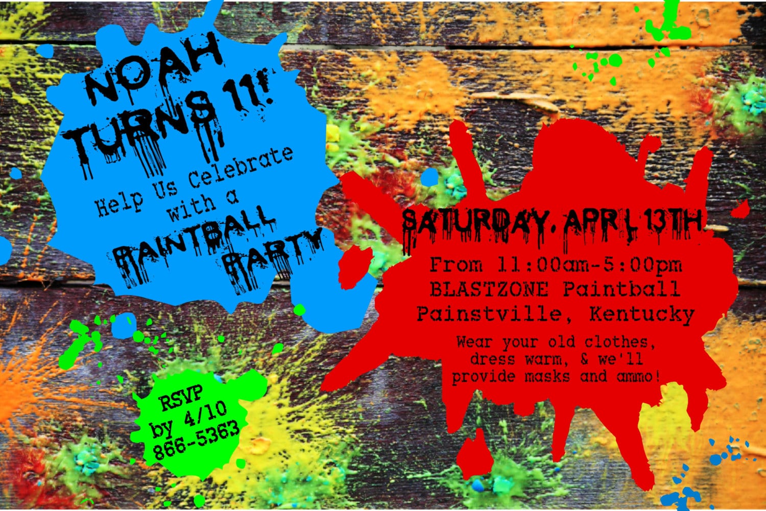 Paintball Birthday Party Invitation Blue Red And Green