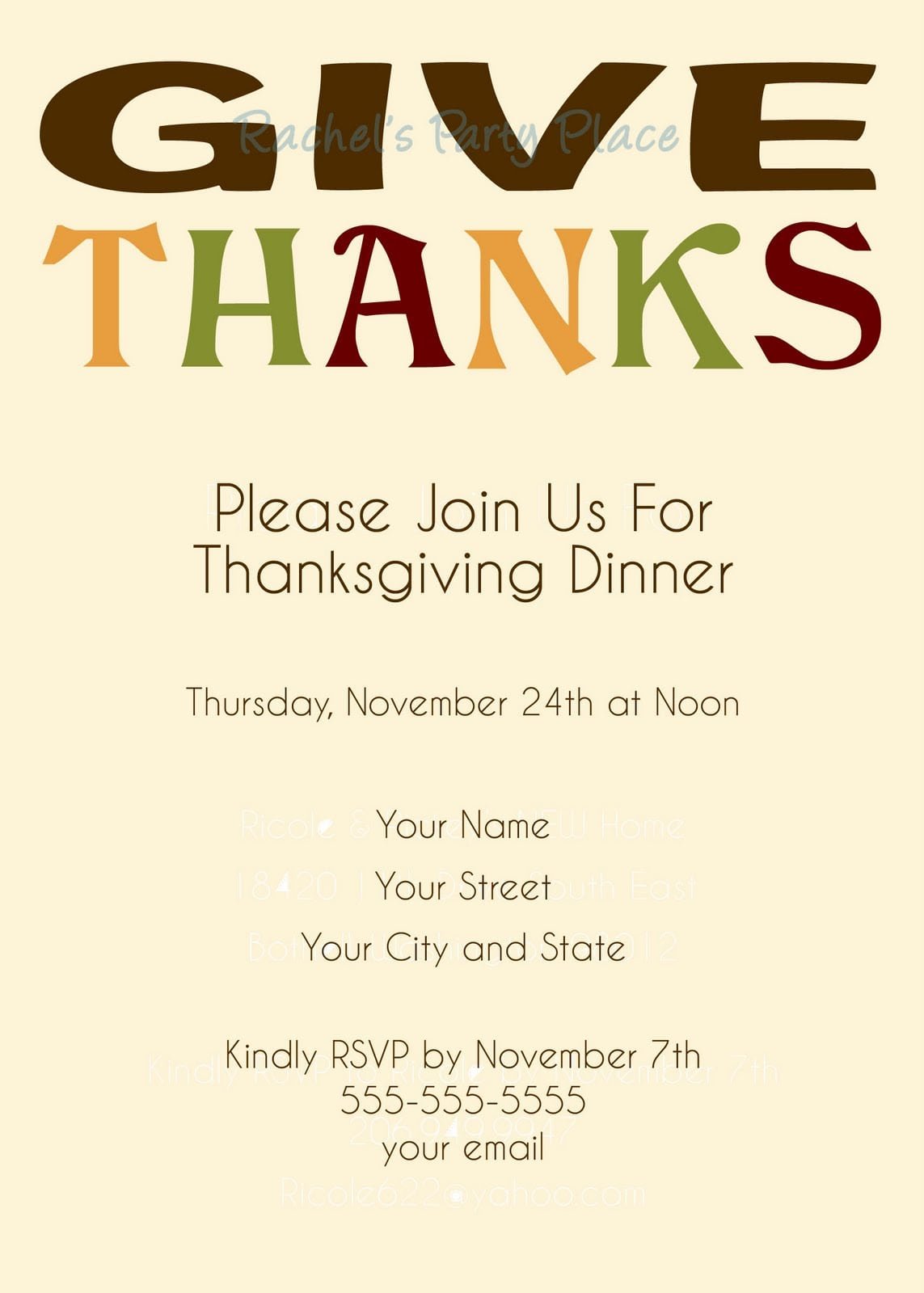 Rachel's Party Place  Thanksgiving Dinner Invitations