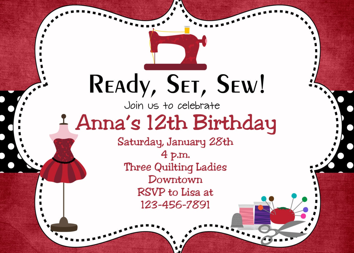 Sewing Party Birthday Invitation Sewing Birthday Sewing