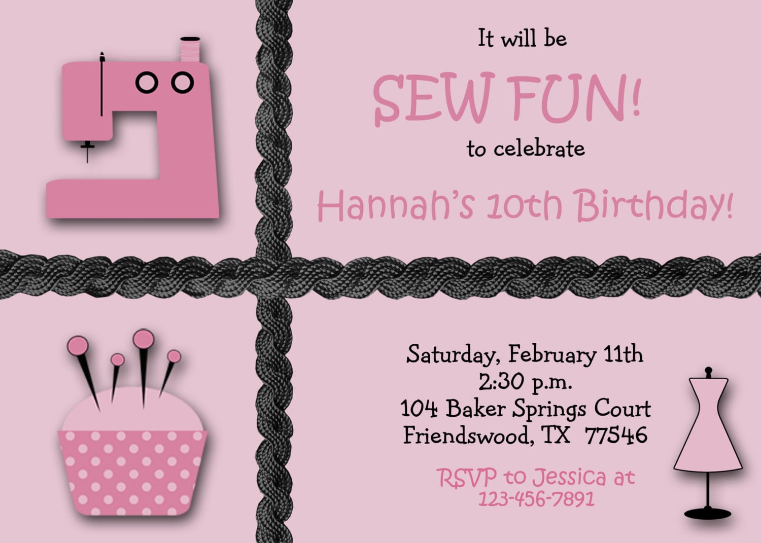 Sewing Party Girls Birthday Party Invitation Custom