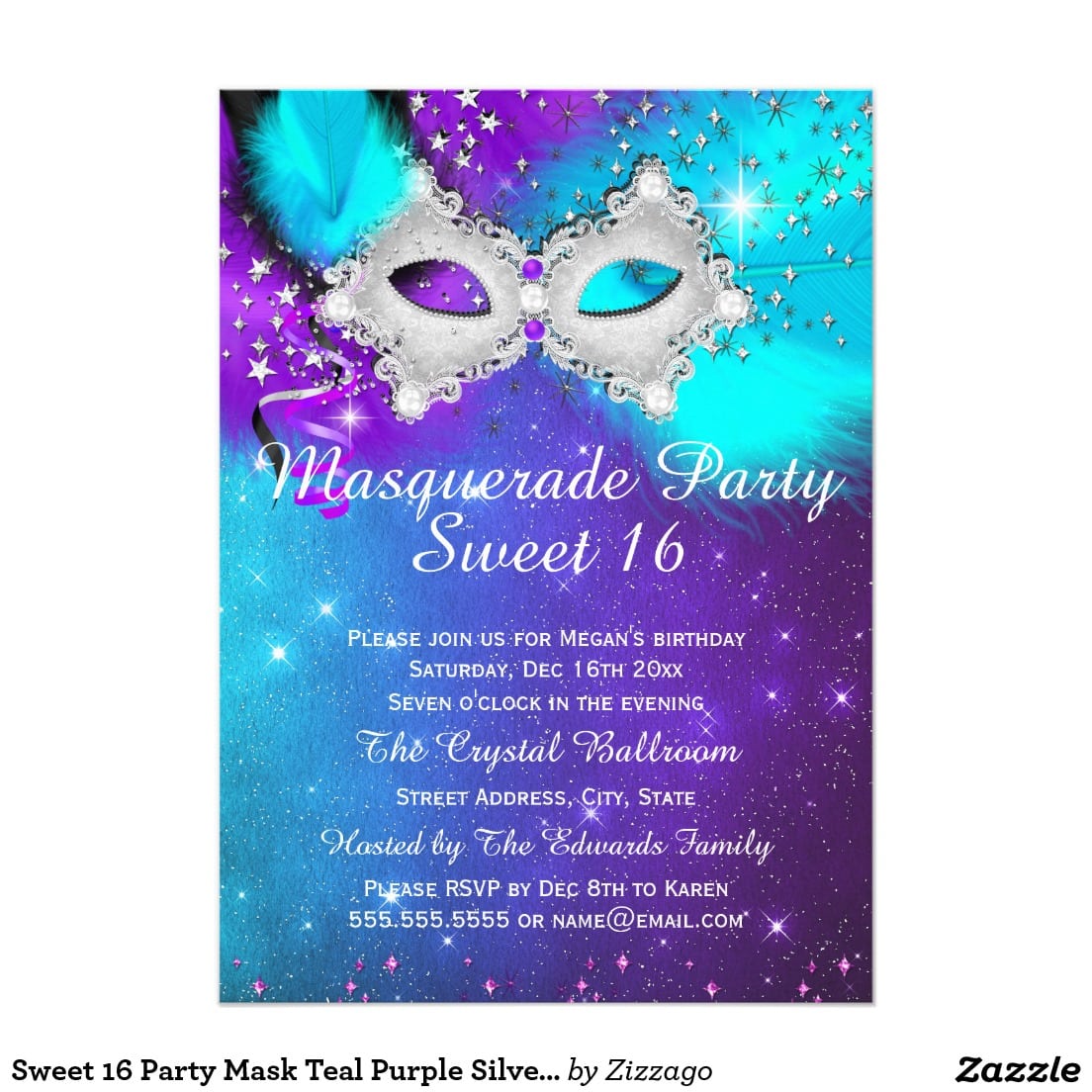 Sweet 16 Party Mask Teal Purple Silver Masquerade 5x7 Paper
