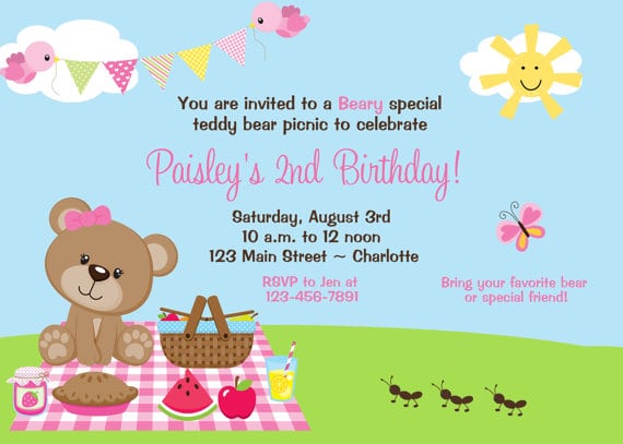 Teddy Bear Picnic Birthday Party Invitation Teddy Bear
