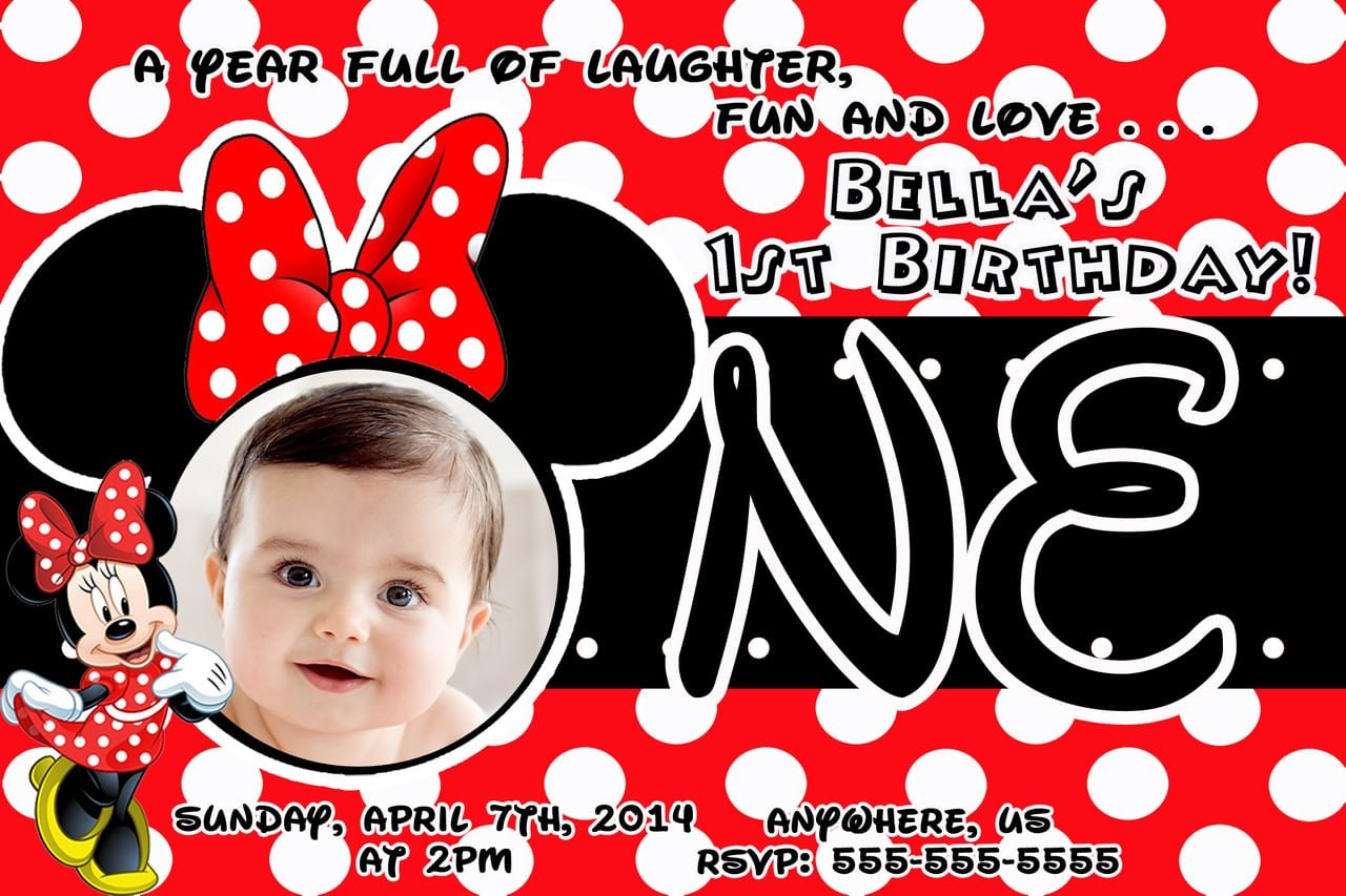 Template   Simple Minnie Mouse 1st Birthday Party Invitations With
