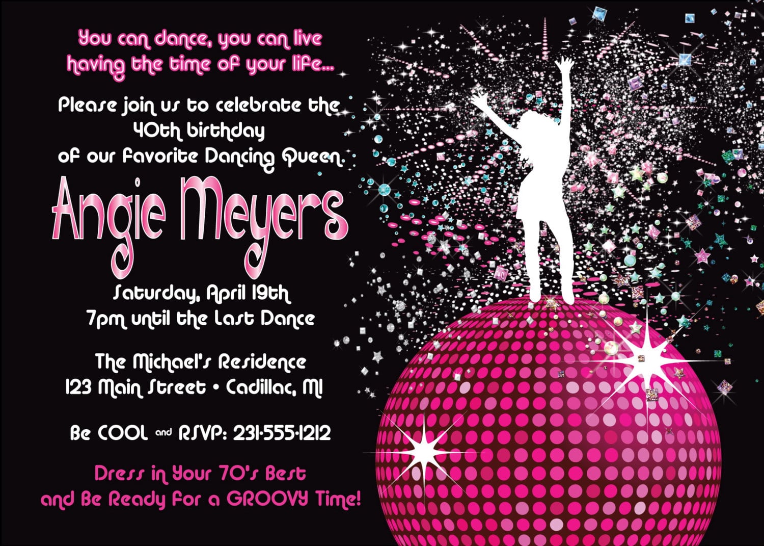 Women’s Birthday Party Invitation Disco Dancing Queen 70