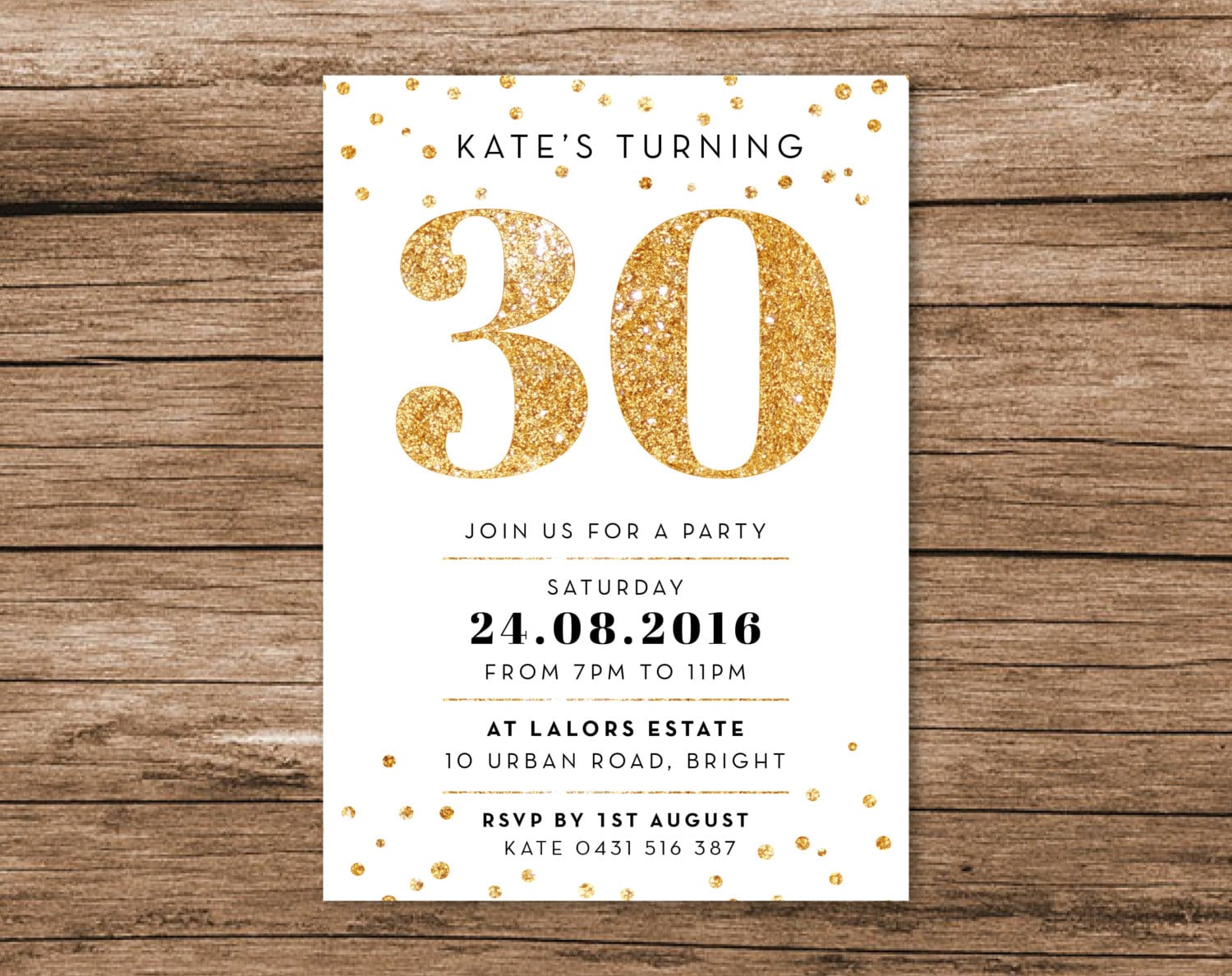 Gold 30th Birthday Invitation A6 Digital File By Meloninvitations