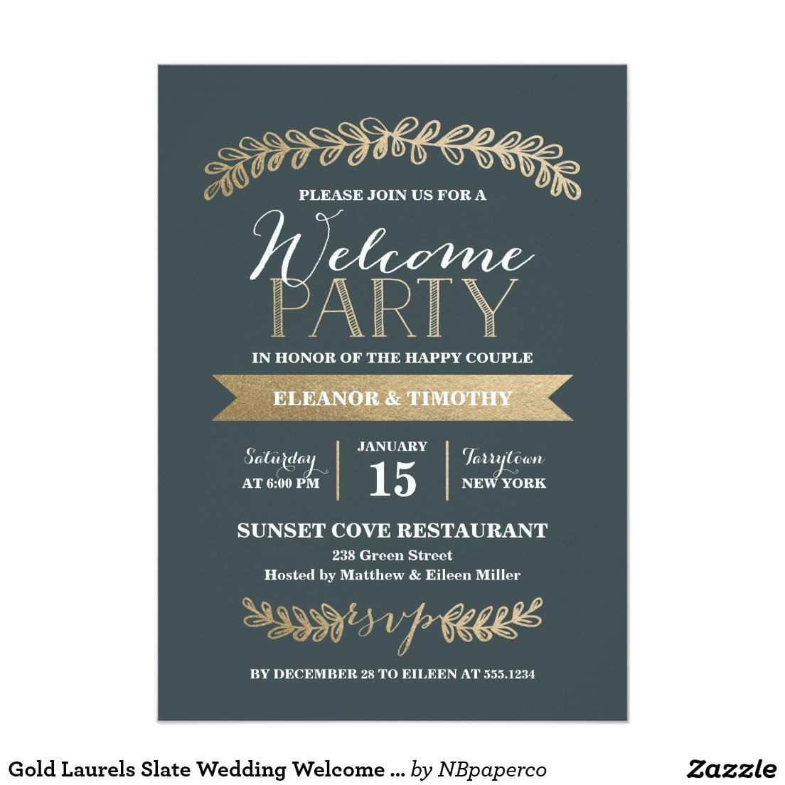 Gold Laurels Slate Wedding Welcome Party Invite