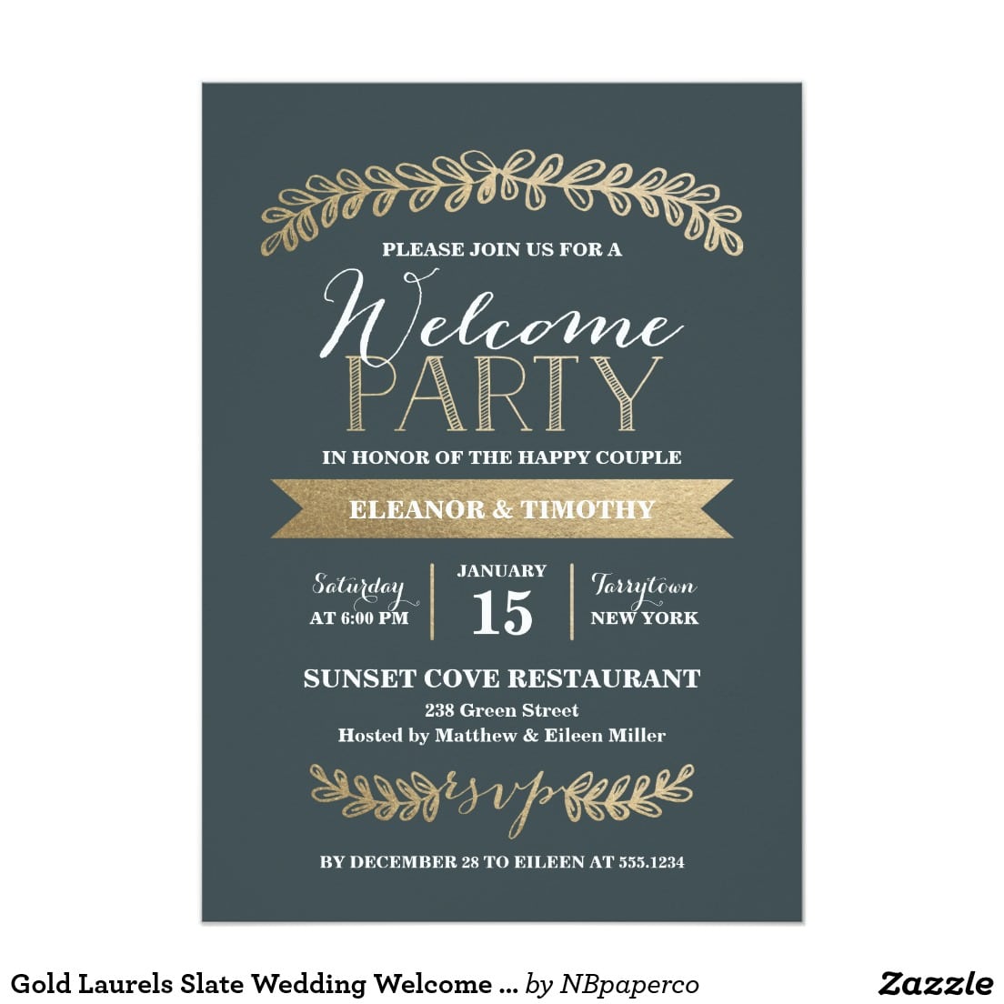 Gold Laurels Slate Wedding Welcome Party Invite