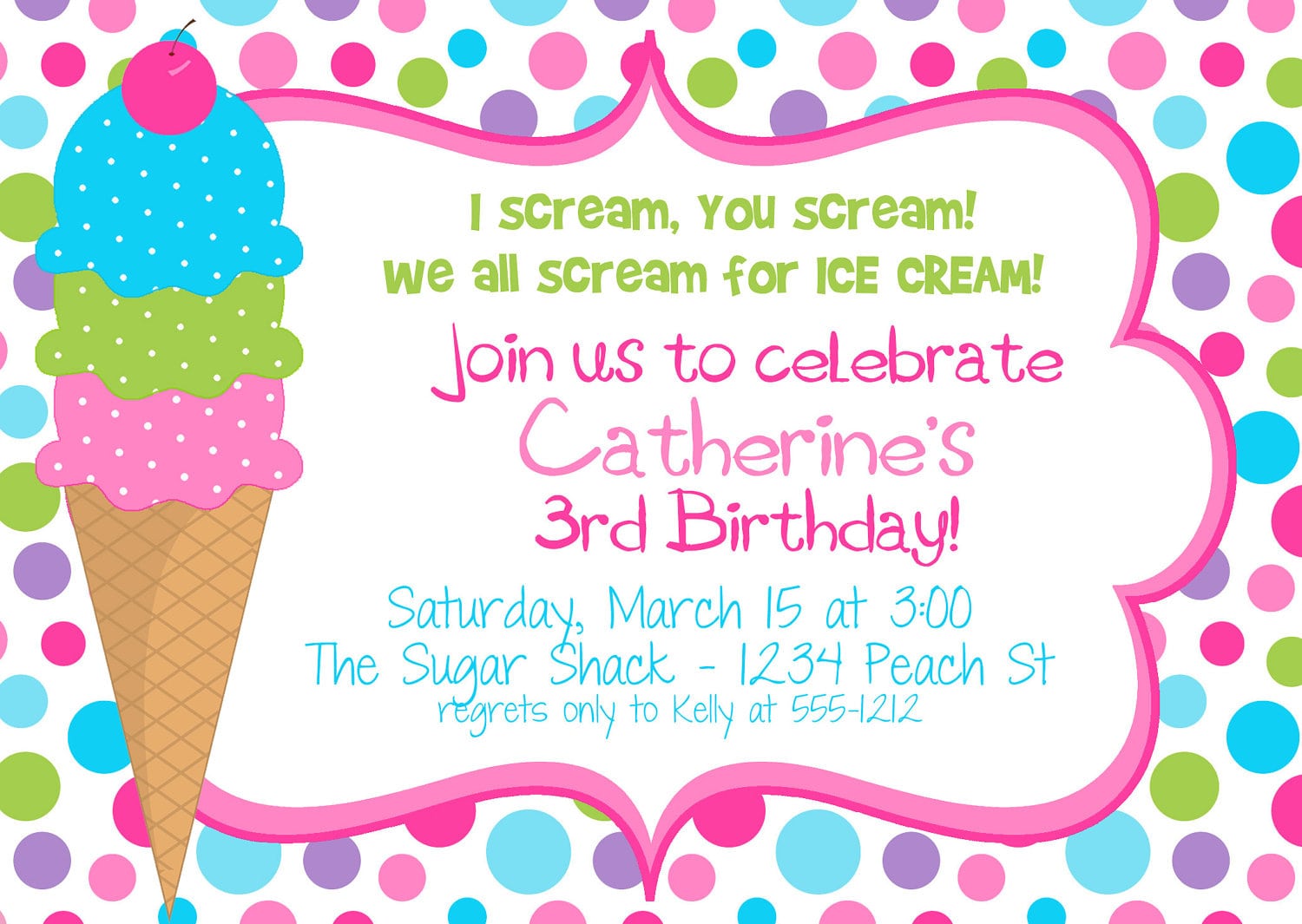 Ice Cream Themed Birthday Party Invitation With Colorful Polka Dot