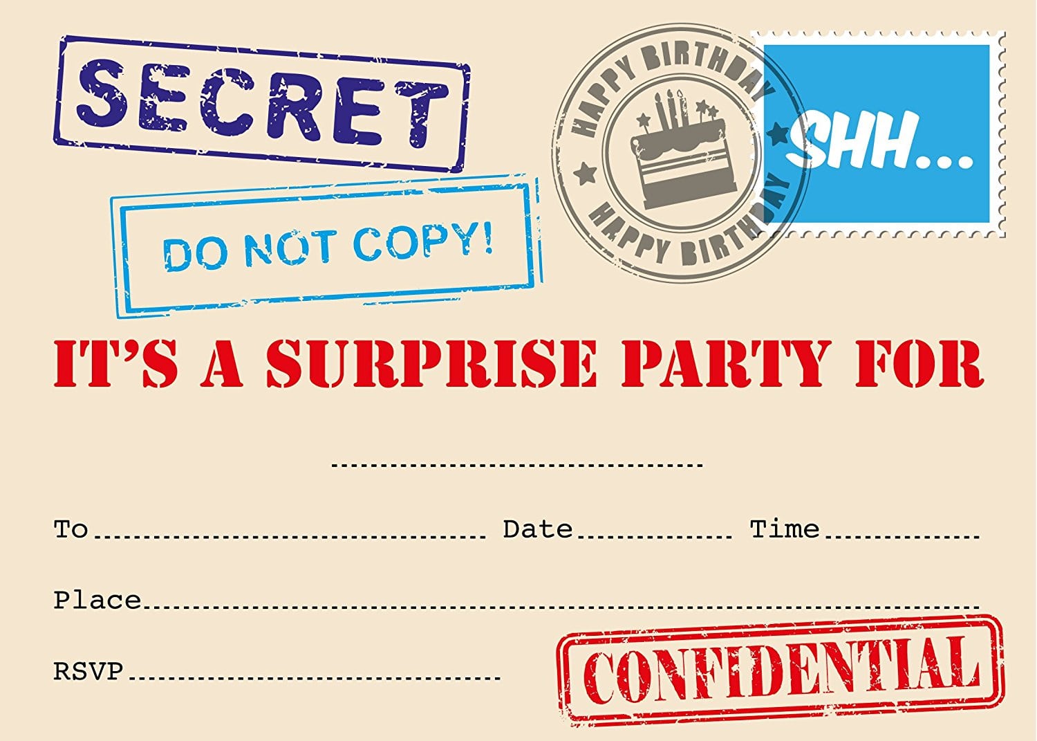 Surprise Party Invitation, Top Secret Stamp Designs, Packs Of 16