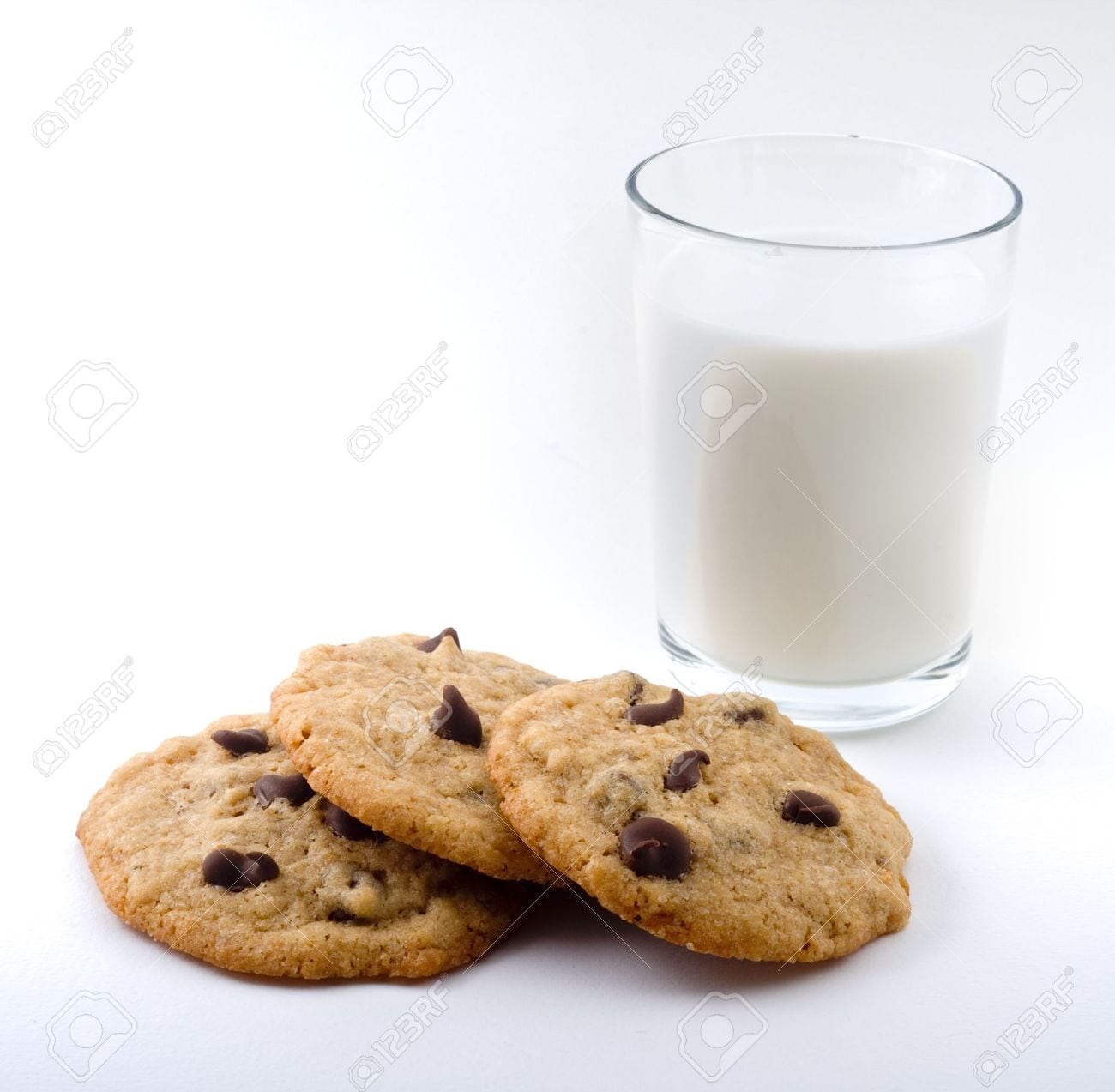 Chocolate Chip Cookies And Milk Isolated On White Stock Photo