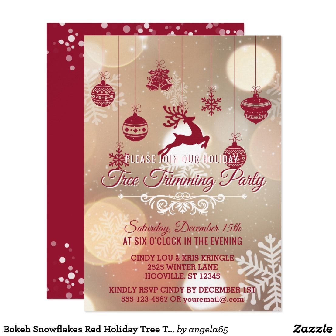 Bokeh Snowflakes Red Holiday Tree Trimming Party Card