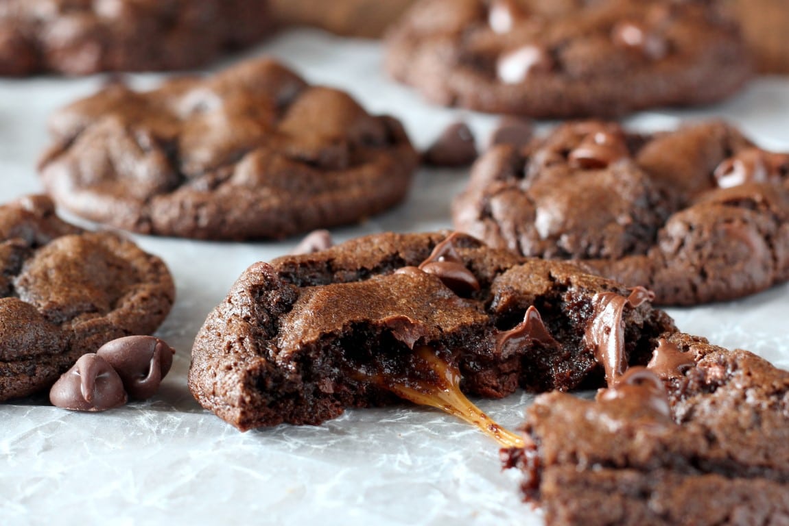 Caramel Stuffed Double Chocolate Chip Cookies