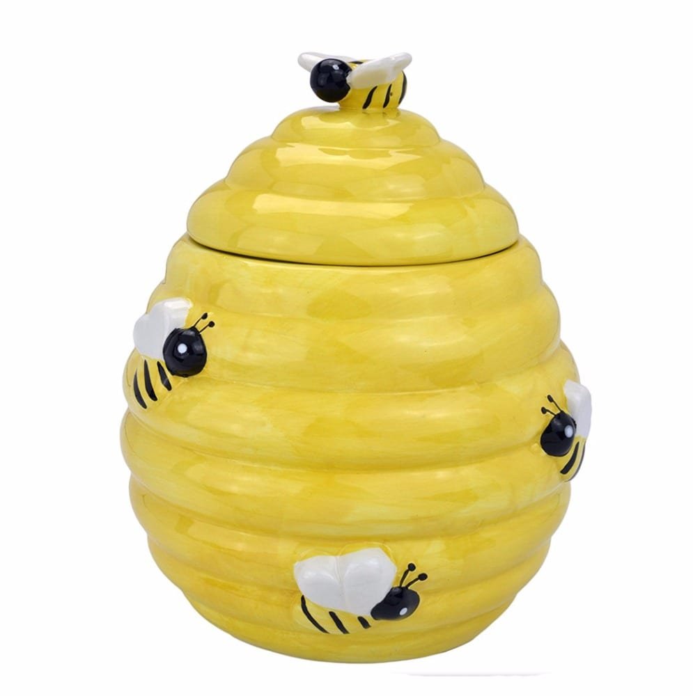 Decorative Yellow Beehive Design Ceramic Cookie Jar With Bee