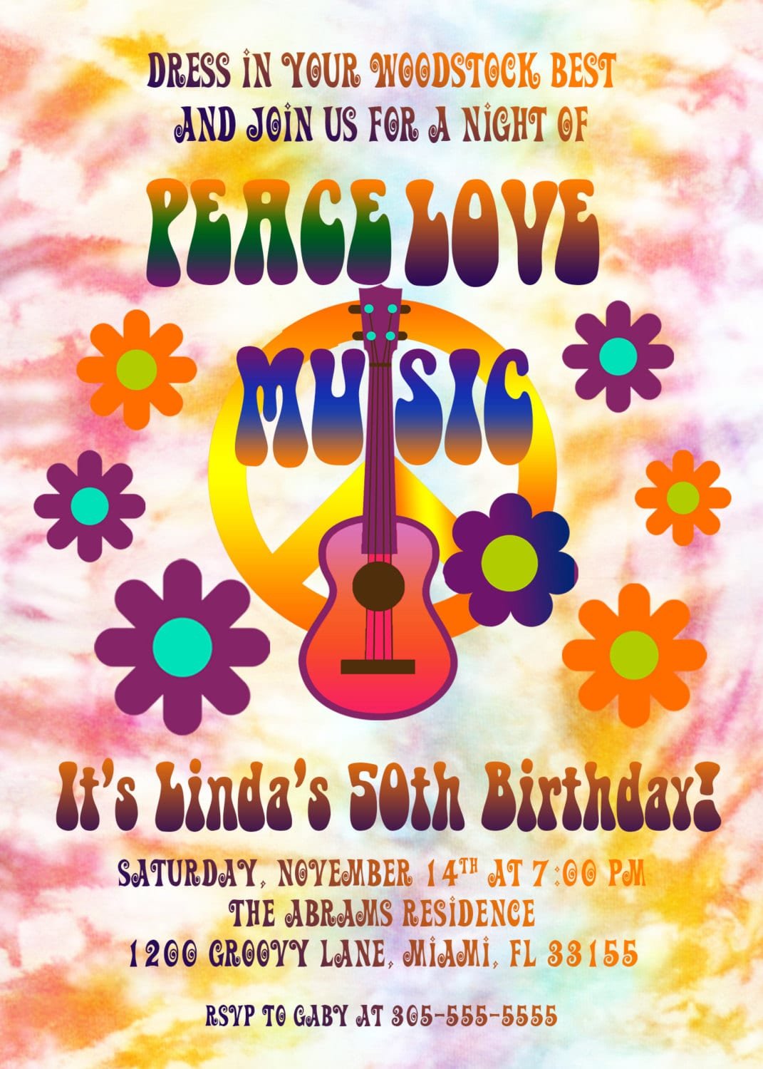 Hippie Birthday Invitation, Tie Dye Invitation, 60s Birthday Party
