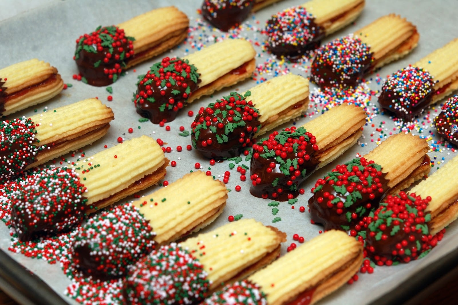 Jam Sandwiched Butter Cookies Dipped In Chocolate & Sprinkles