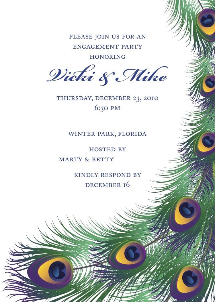 Spring Engagement Party Invitations With Peacock Feathers