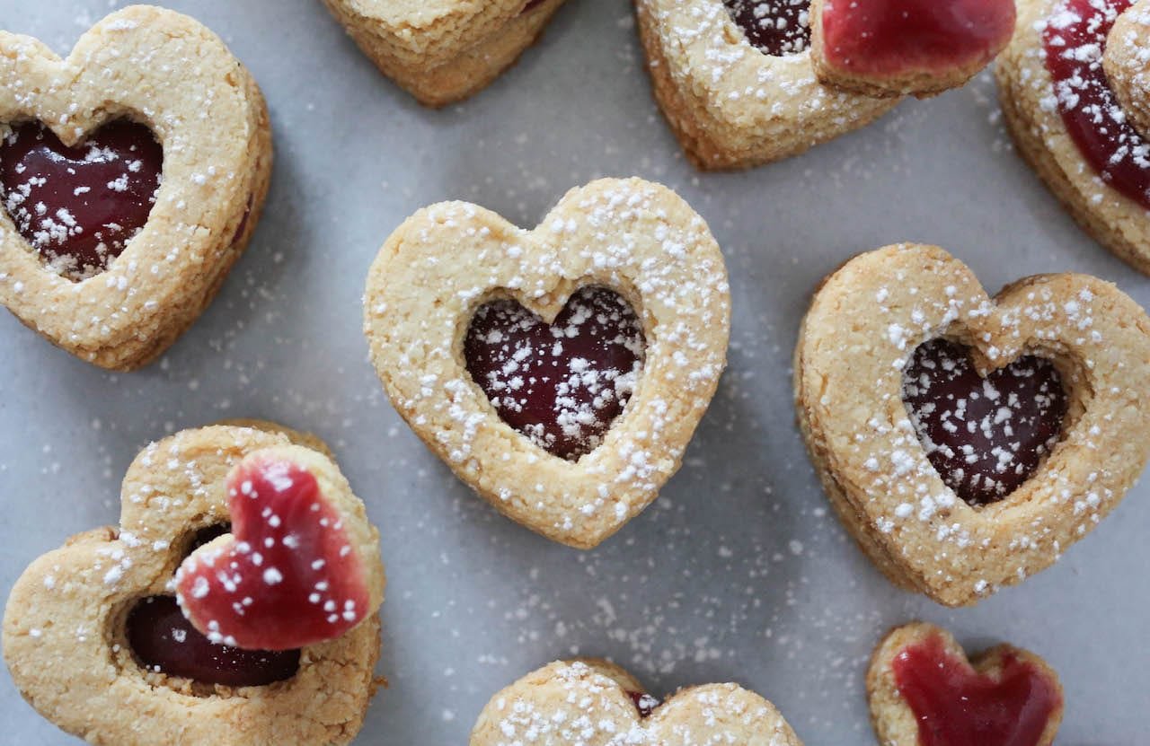Valentine's Day Raspberry Caramel Shortbread Sandwich Cookies