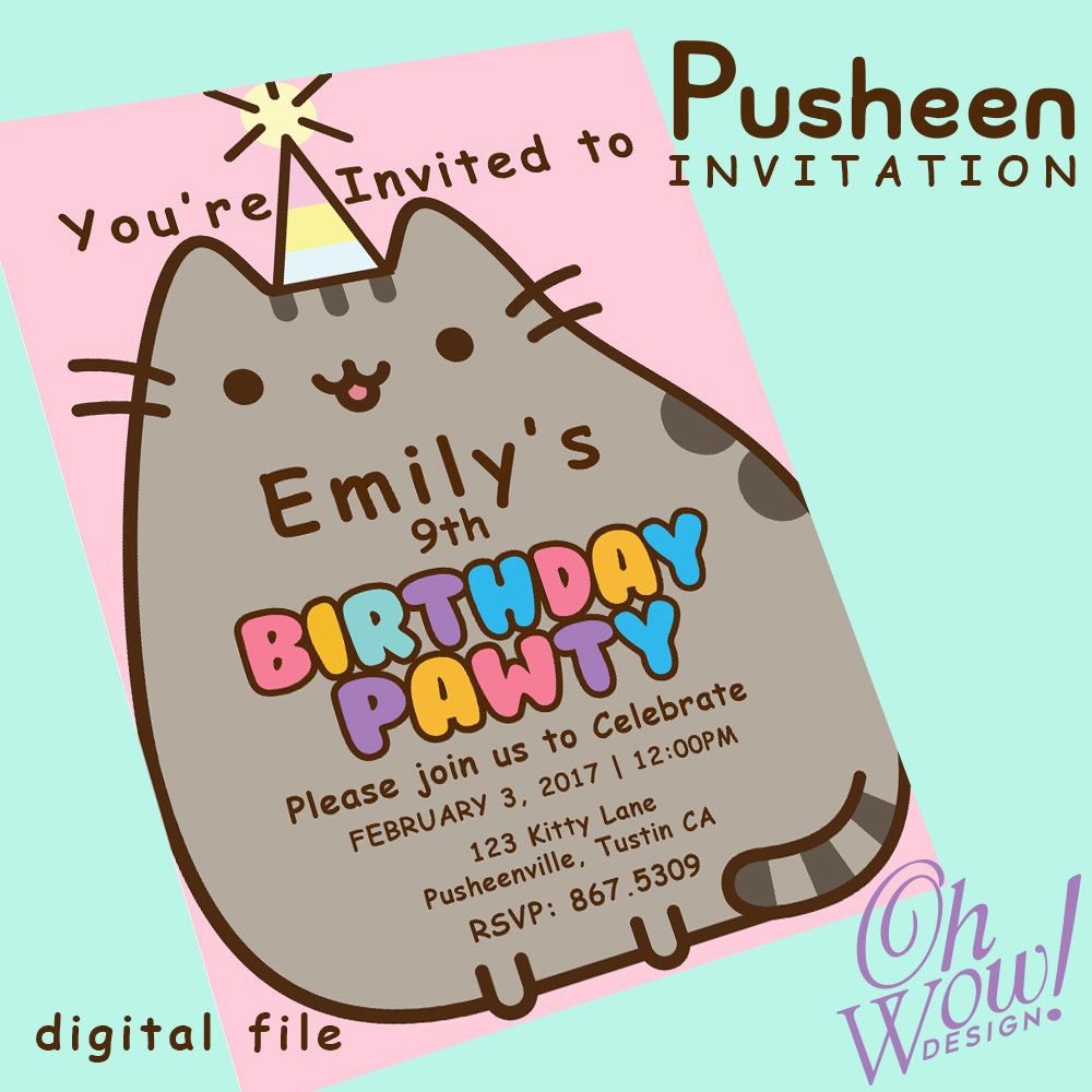 Pusheen Cat Theme Party Invitation By Ohwowdesign On Etsy
