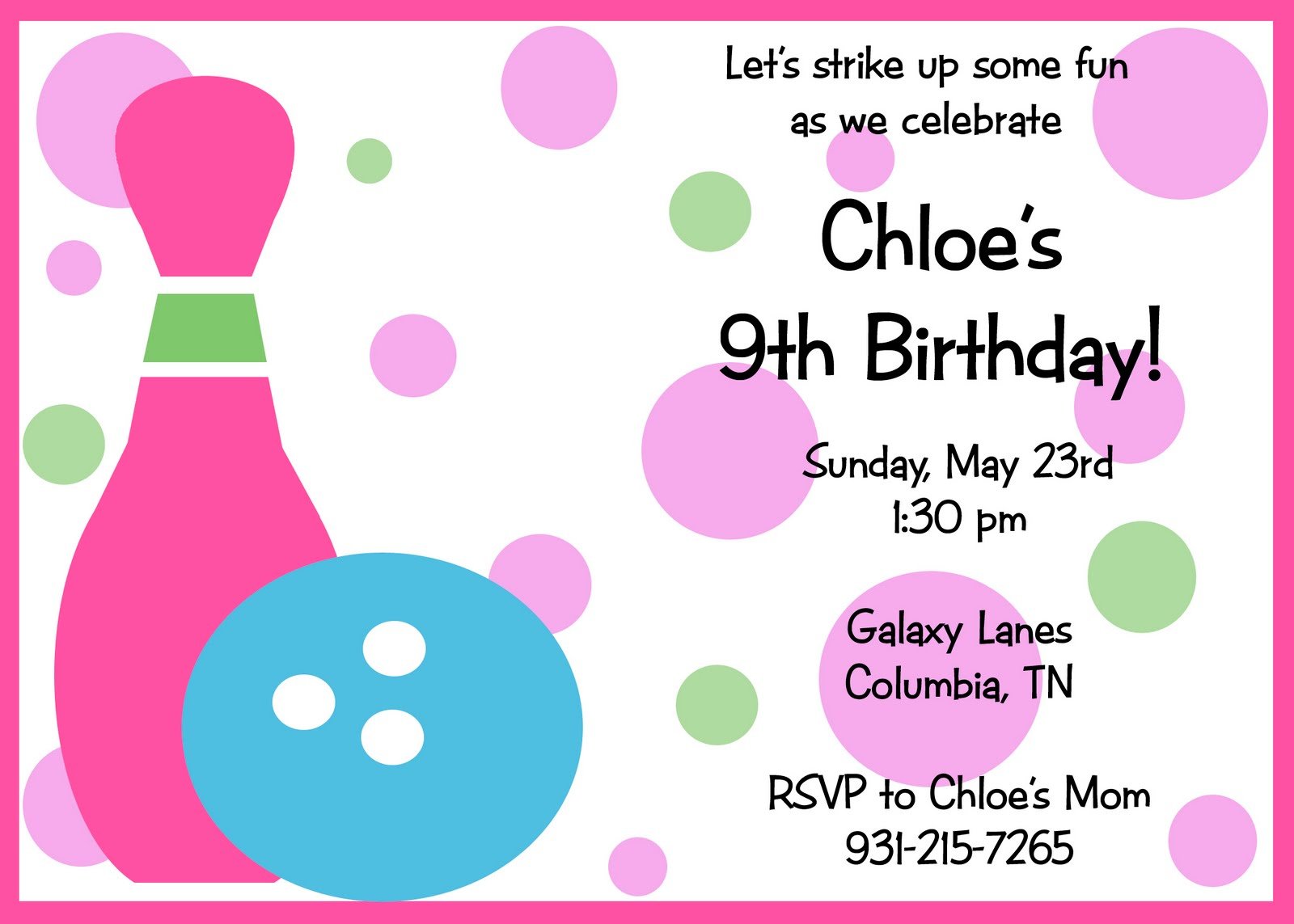 Kids Bowling Birthday Party Invitations